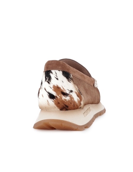 Mocasin piel con animal print antifaz bordon plano mujer marron