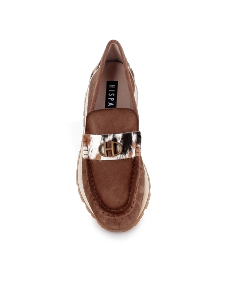 Mocasin piel con animal print antifaz bordon plano mujer marron