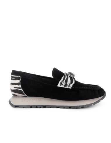 Mocasin piel con animal print antifaz bordon plano mujer negro
