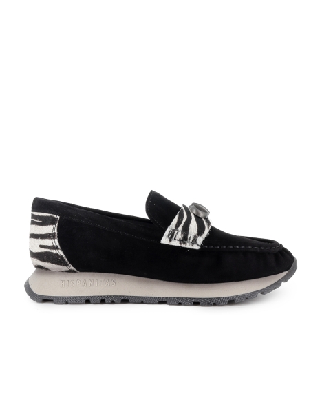 Mocasin piel con animal print antifaz bordon plano mujer negro