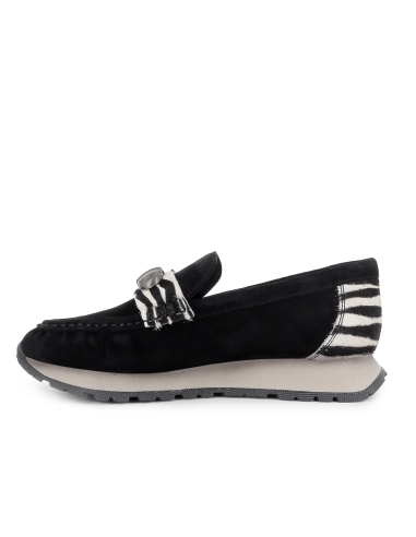 Mocasin piel con animal print antifaz bordon plano mujer negro