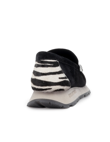 Mocasin piel con animal print antifaz bordon plano mujer negro