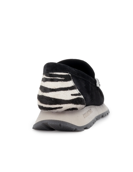 Mocasin piel con animal print antifaz bordon plano mujer negro