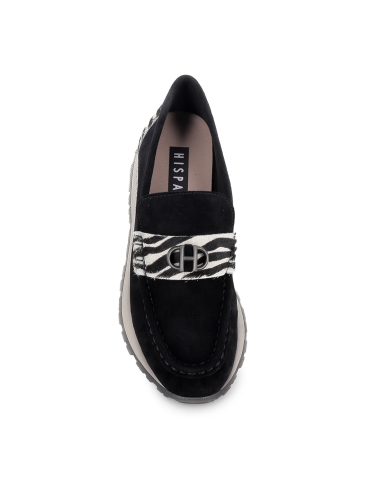 Mocasin piel con animal print antifaz bordon plano mujer negro