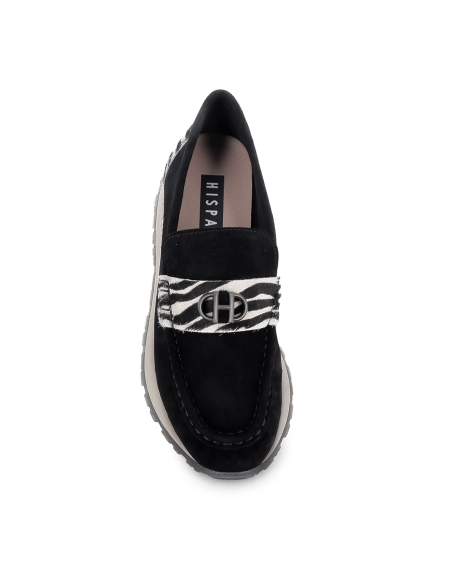 Mocasin piel con animal print antifaz bordon plano mujer negro