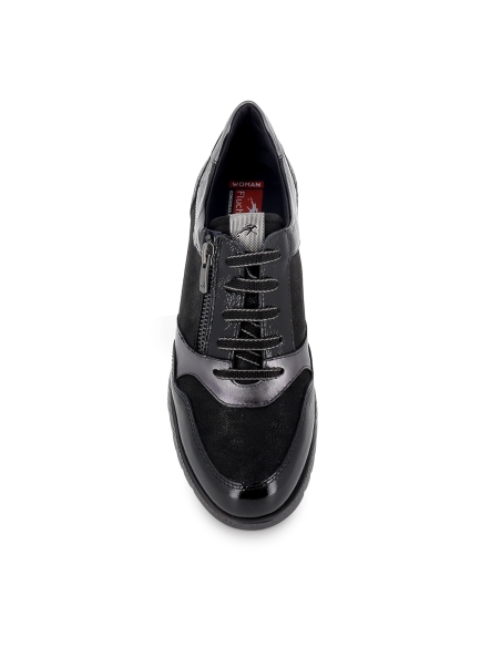 Deportiva piel combi con cremallera y cordones cuña mujer negra