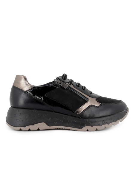 Deportivas piel con cordones y cremallera cuña baja mujer negro