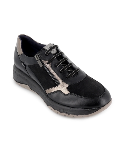 Deportivas piel con cordones y cremallera cuña baja mujer negro