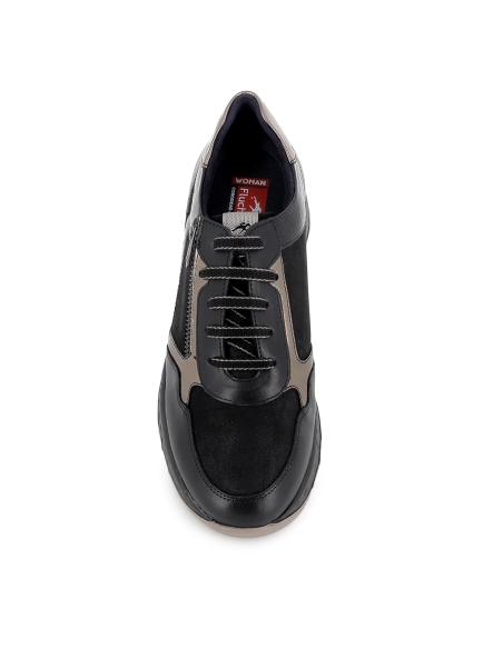 Deportivas piel con cordones y cremallera cuña baja mujer negro