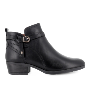 Botin piel corte irregular y hebilla tacon bajo mujer negro