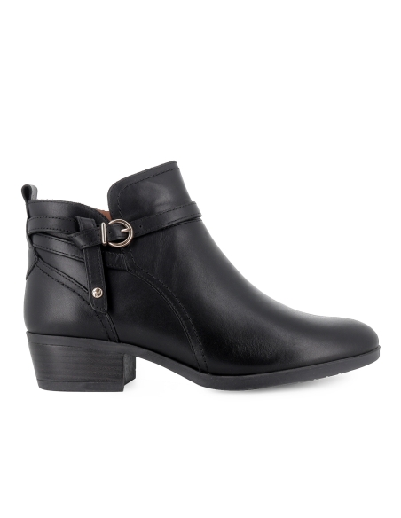 Botin piel corte irregular y hebilla tacon bajo mujer negro