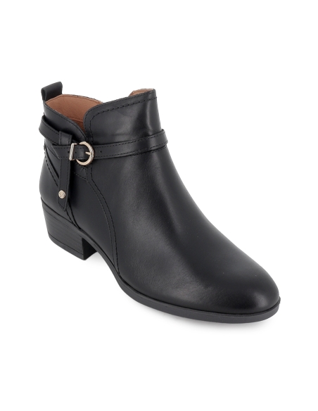 Botin piel corte irregular y hebilla tacon bajo mujer negro