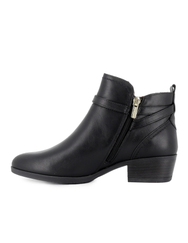 Botin piel corte irregular y hebilla tacon bajo mujer negro