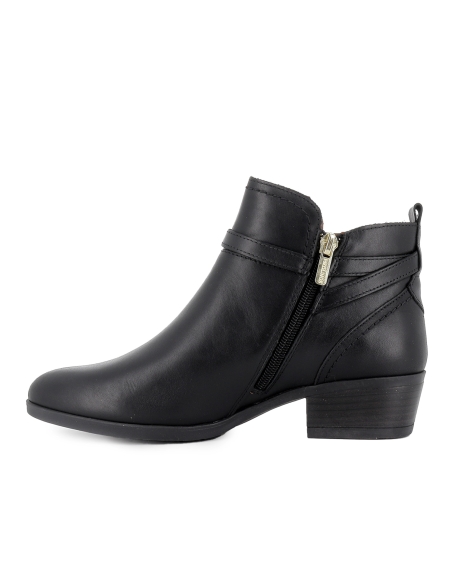 Botin piel corte irregular y hebilla tacon bajo mujer negro