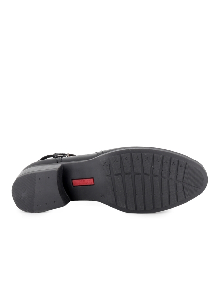 Botin piel corte irregular y hebilla tacon bajo mujer negro