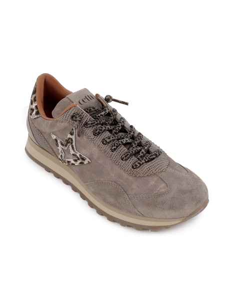 Deportivos piel y serraje cordones elasticos mujer marron