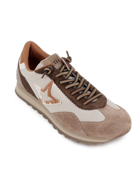 Deportivos piel y serraje cordones elasticos mujer beige