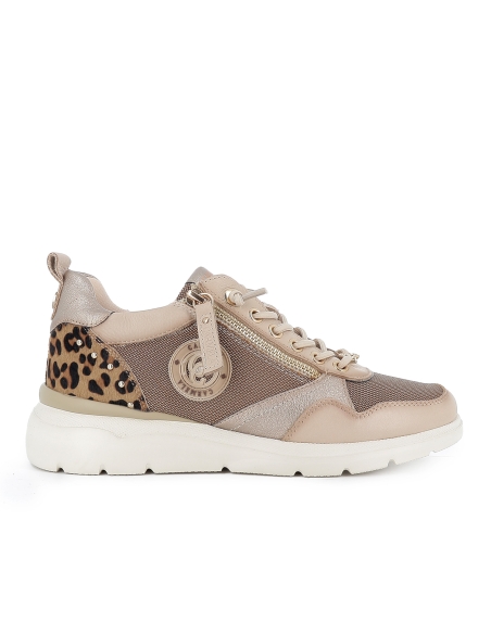 Deportivo nylon y piel cuña con cremallera y cordones mujer beige