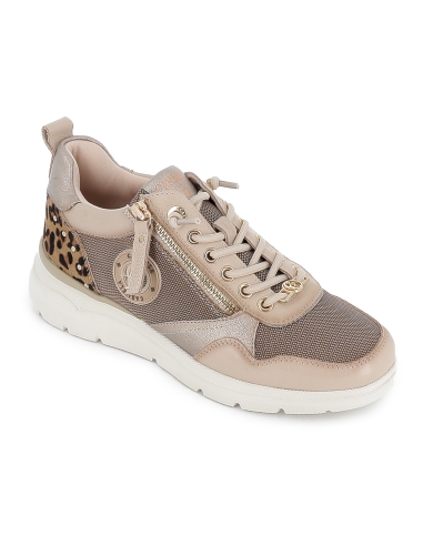 Deportivo nylon y piel cuña con cremallera y cordones mujer beige