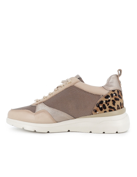 Deportivo nylon y piel cuña con cremallera y cordones mujer beige