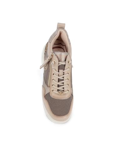 Deportivo nylon y piel cuña con cremallera y cordones mujer beige