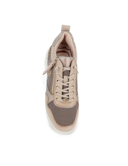 Deportivo nylon y piel cuña con cremallera y cordones mujer beige