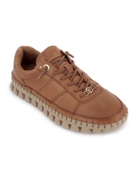 Zapato piel cosido artesanal cordones piso dentado mujer camel