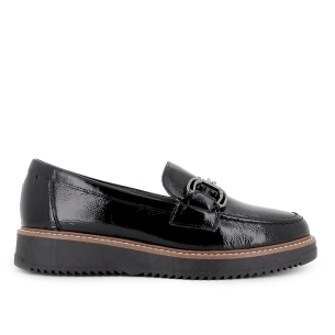 Mocasin charol hebilla metal y cuña planta acolchada mujer negro