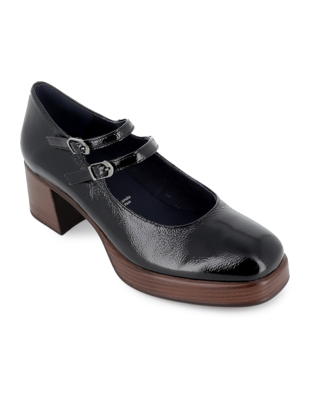 Merceditas charol 2 correas tacon alto plataforma mujer negro