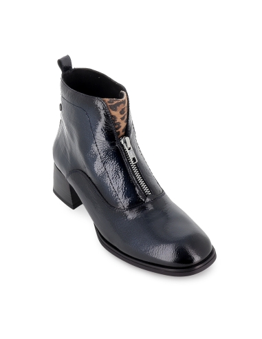 Botin charol piel cremallera lengueta animal print mujer azul