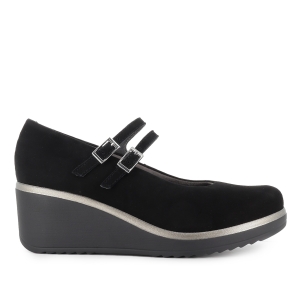 Zapato doble correa piel ante y vivo metal cuña mujer negra