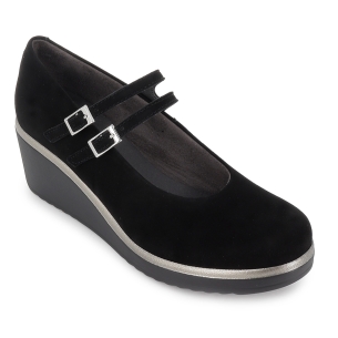 Zapato doble correa piel ante y vivo metal cuña mujer negra 2