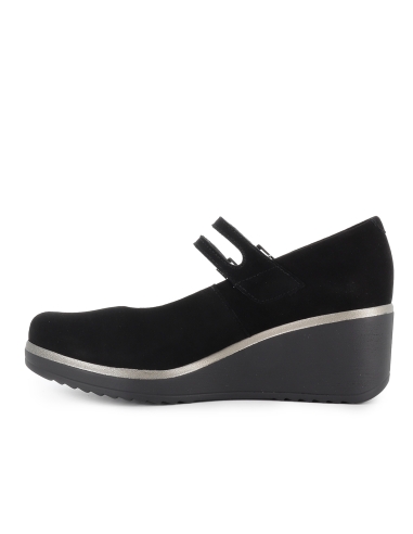 Zapato doble correa piel ante y vivo metal cuña mujer negra