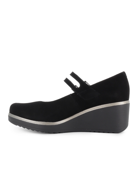 Zapato doble correa piel ante y vivo metal cuña mujer negra