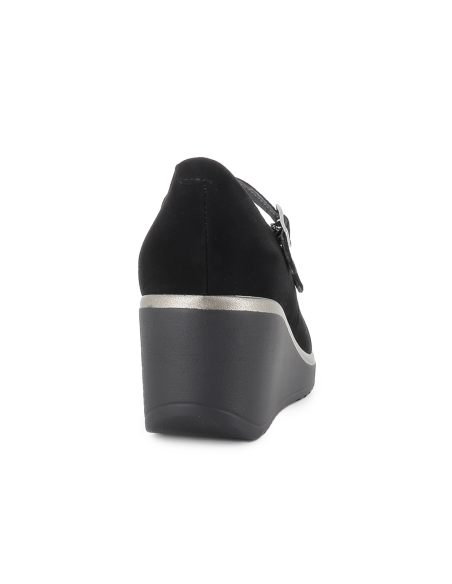 Zapato doble correa piel ante y vivo metal cuña mujer negra