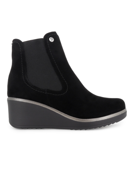 Botin piel ante cremallera y elastico lateral cuña mujer negro