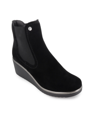 Botin piel ante cremallera y elastico lateral cuña mujer negro