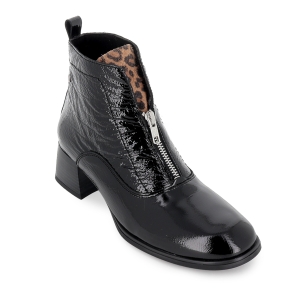 Botin charol piel cremallera lengueta animal print mujer negro 2