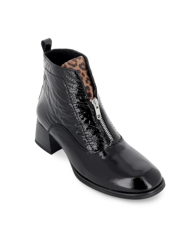 Botin charol piel cremallera lengueta animal print mujer negro