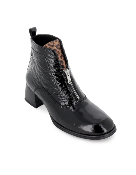 Botin charol piel cremallera lengueta animal print mujer negro