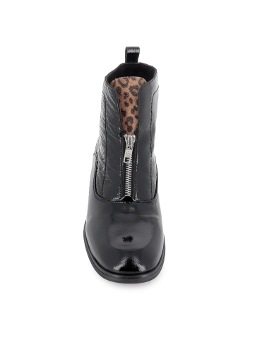 Botin charol piel cremallera lengueta animal print mujer negro