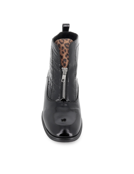 Botin charol piel cremallera lengueta animal print mujer negro
