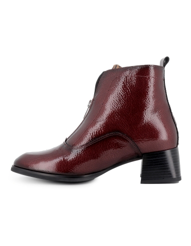 Botin charol piel cremallera lengueta animal print mujer burdeos