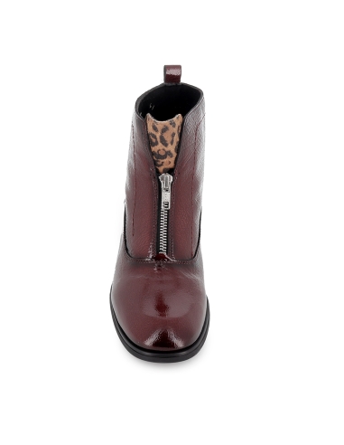 Botin charol piel cremallera lengueta animal print mujer burdeos