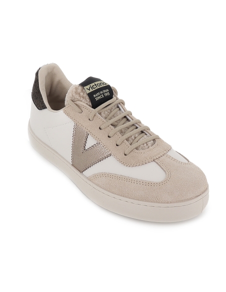 Deportiva piel y serraje solapa borreguito piel potro mujer beig