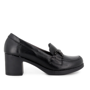 Mocasin piel napa tacon medio hebilla metal mujer negro
