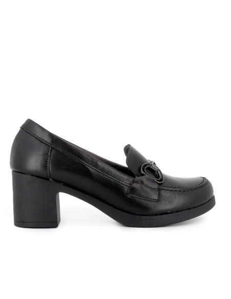 Mocasin piel napa tacon medio hebilla metal mujer negro