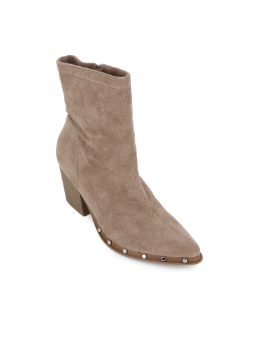 Botin antelina elastica tachas cremallera tacon medio mujer taupe