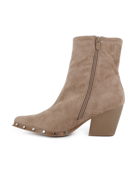 Botin antelina elastica tachas cremallera tacon medio mujer taupe