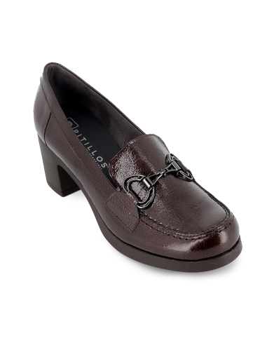 Mocasin piel charol tacon medio hebilla metal mujer marron